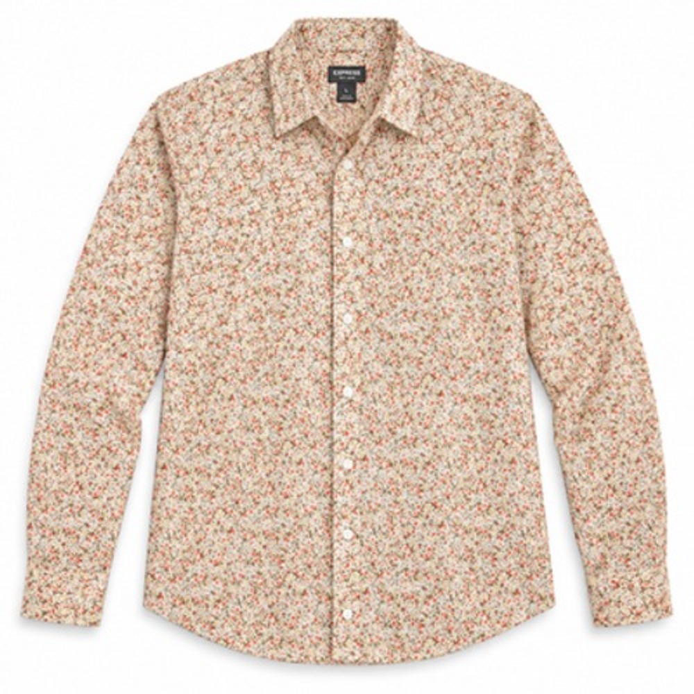 Express Soft Wash Floral Shirt Mens Large Beige Cotton Long Sleeve Button Up